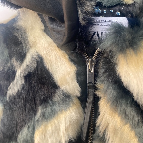 Zara Black and Cream Faux Fur Jacket XS - Picture 6 of 9